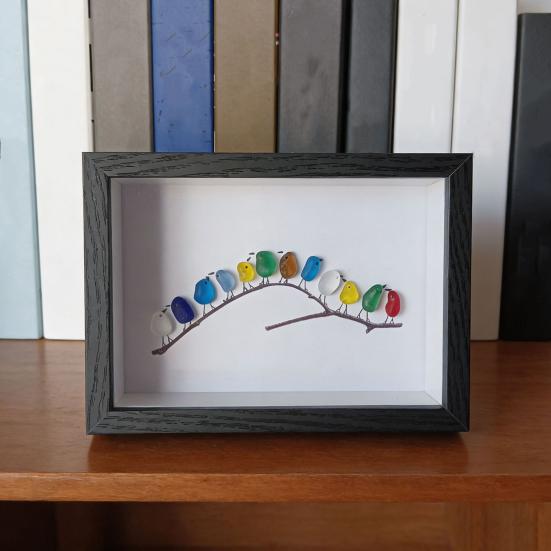 Sea Glass Art Photo Frame Home Decor with Handmade Sea Glass Birds in Black Wooden Frame Framed Sea Glass Bird Branch Ornaments