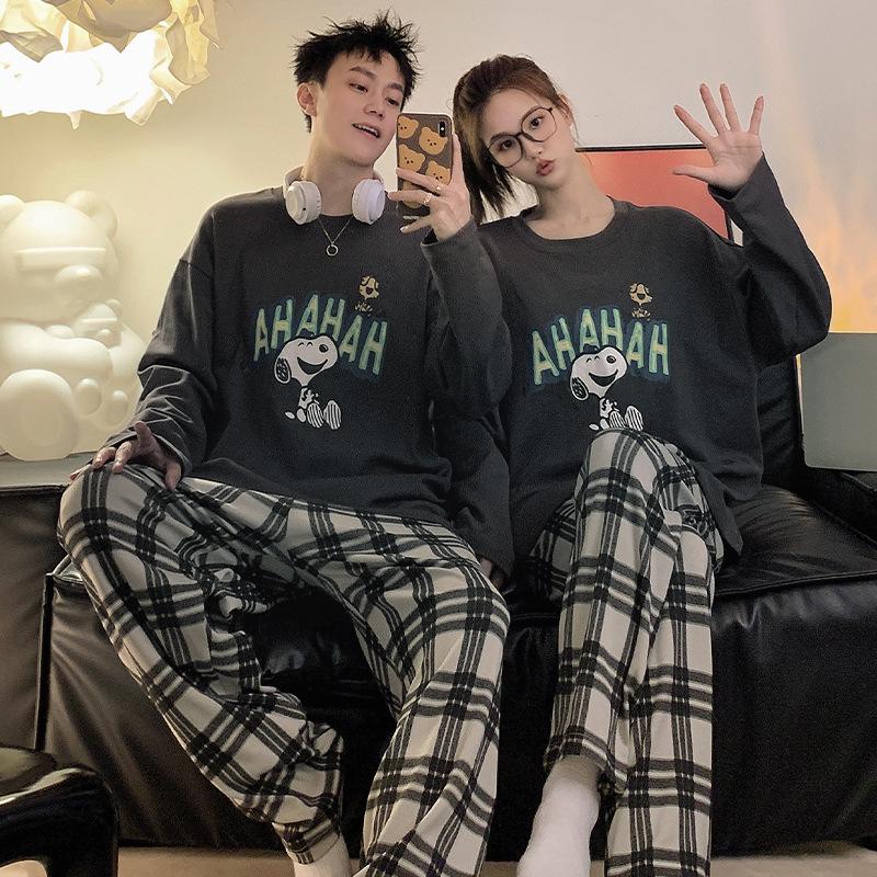 "Women's & Men's Cartoon Pajama Set with Chest Pads – Korean Style Long-Sleeve Home Wear for Autumn & Winter"