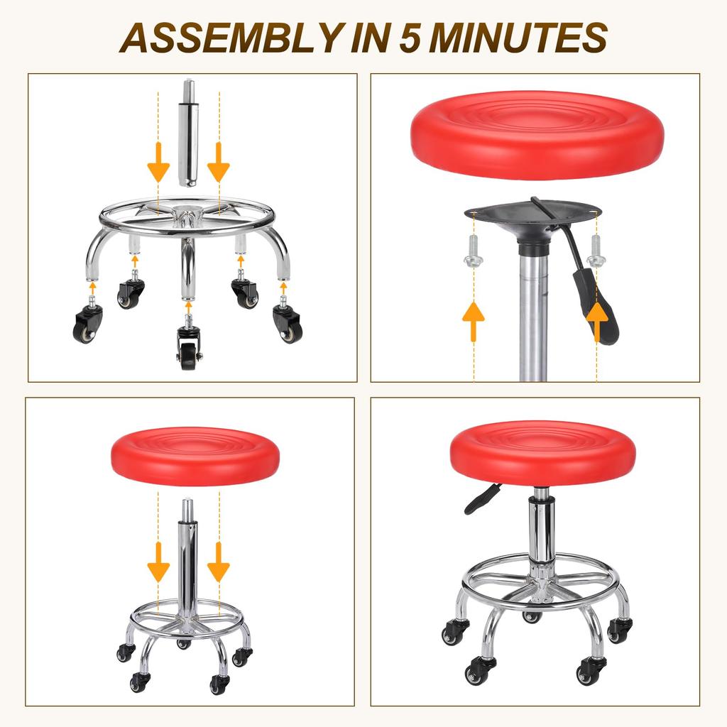PATIKIL Rolling Desk Stool with PU Leather Round Rolling Desk Stool for Beauty and Office Red Height-Adjustable Casters, Tattoo, Massage, Salon, Spa,