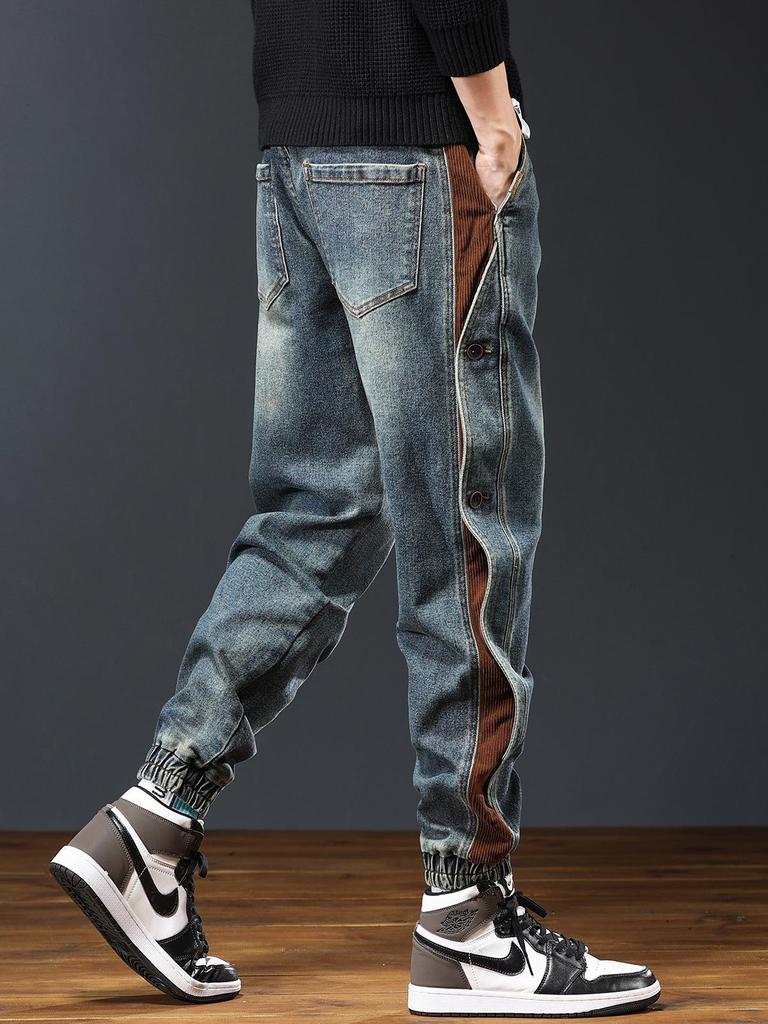 Męskie Grube Jeansy Robocze Patchworkowe - Luźne, Zakończone Ściągaczem, Modna Marka Streetwear, Spodnie Haremki