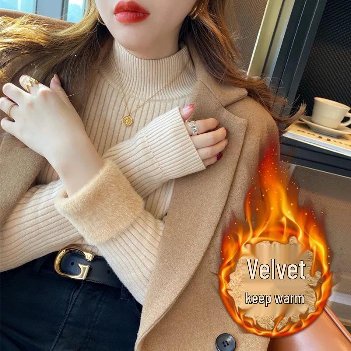 Women's Fleece-Lined Thick Sweater for Autumn/Winter, Half-High Collar Plush Base Layer, High-Grade Warm Top.