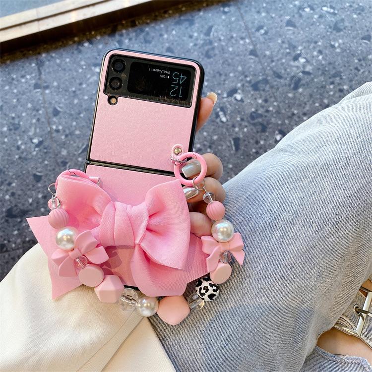 Applicable To Samsung ZFlip5 Mobile Phone Case Folding Screen Solid Color Leather Case Zflip4 Butterfly Portable Chain Back Cover Protective Case