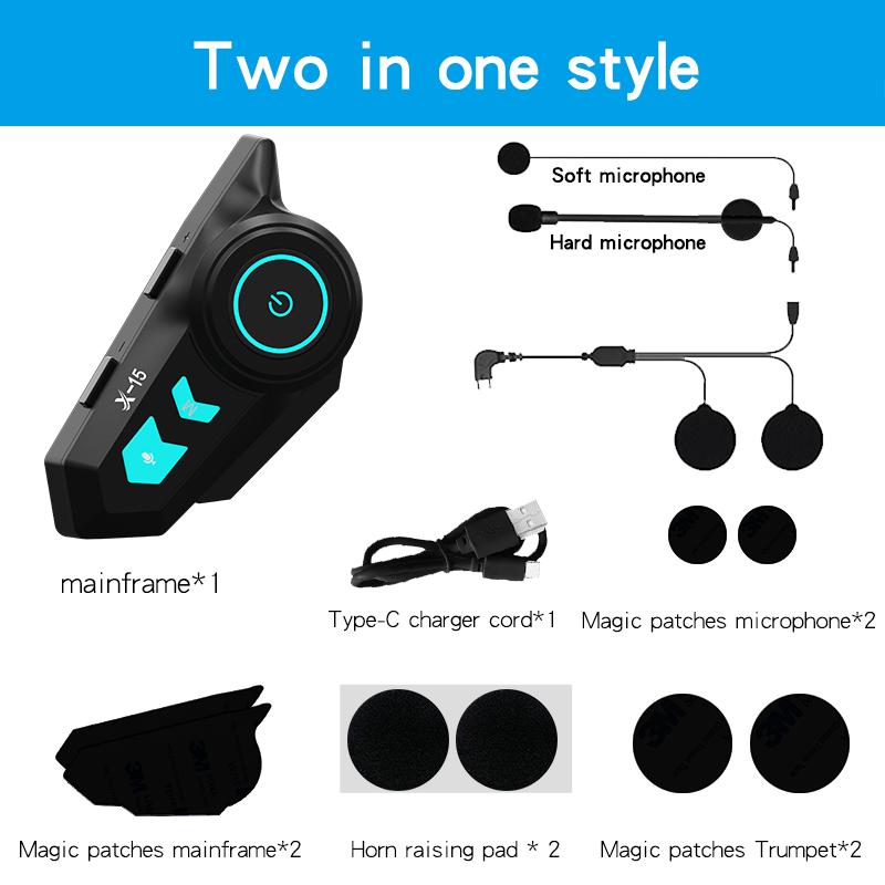 2 v 1 Motocyklový headset X-15 Bluetooth 5.0 Moto sluchátko Vodotěsný headset pro jezdeckou helmu s okolním osvětlením