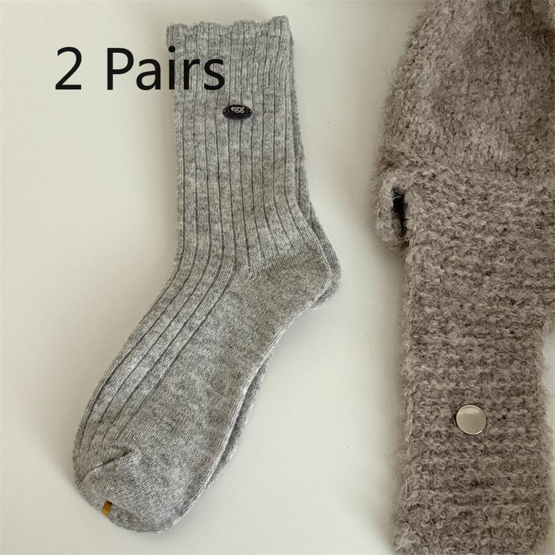 2 Pairs of Velvet Multicolored Button Wool Socks, Mid-calf Socks, Solid Color Thickened Warm and Versatile Pile Socks