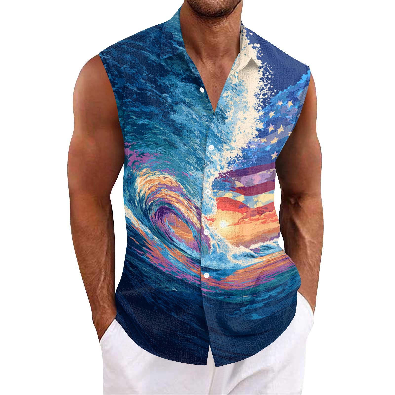 Men Sleeveless Button Down Shirt Hawaiian Collar Summer Casual Tank Top Beachwear XL
