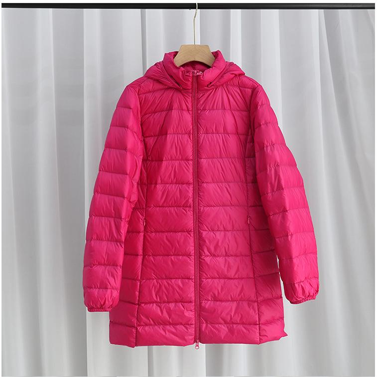 Women's Mid-Length Slim Fit Hooded Down Jacket, Flattering Plus Size, Lightweight with Detachable Hood