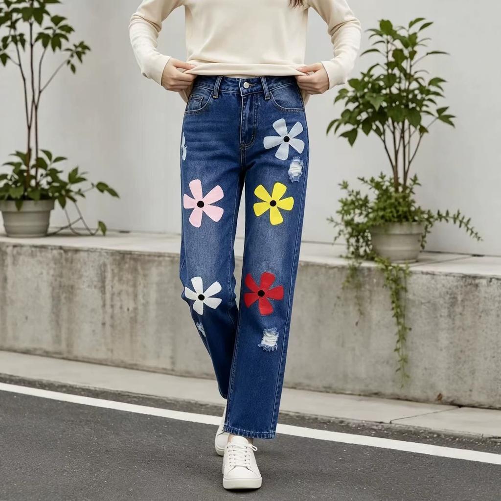 European and American New Flower Printing Design Sense Fashionable Mid-waist Women's Straight Jeans