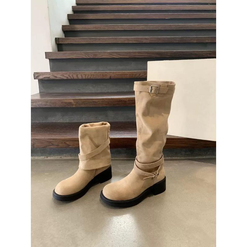 

Sheepskin~ Niche Design Belt Buckle Two Wear Boots Retro Suede Temperament Pants Boots Skinny Knight Boots 40