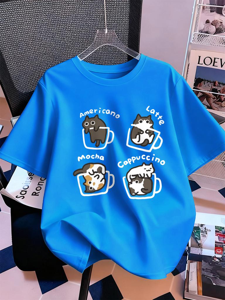 Cat Coffee Art Letter Printing TShirts Womens Summer Cotton Short Sleeve Tops ONeck Soft Loose T Shirt Casual Womans Clothes