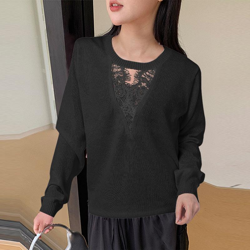 

VONDA Autumn Winter Women Lace Neck Long Sleeve Thin Knitted Pullover Sweaters S чёрный