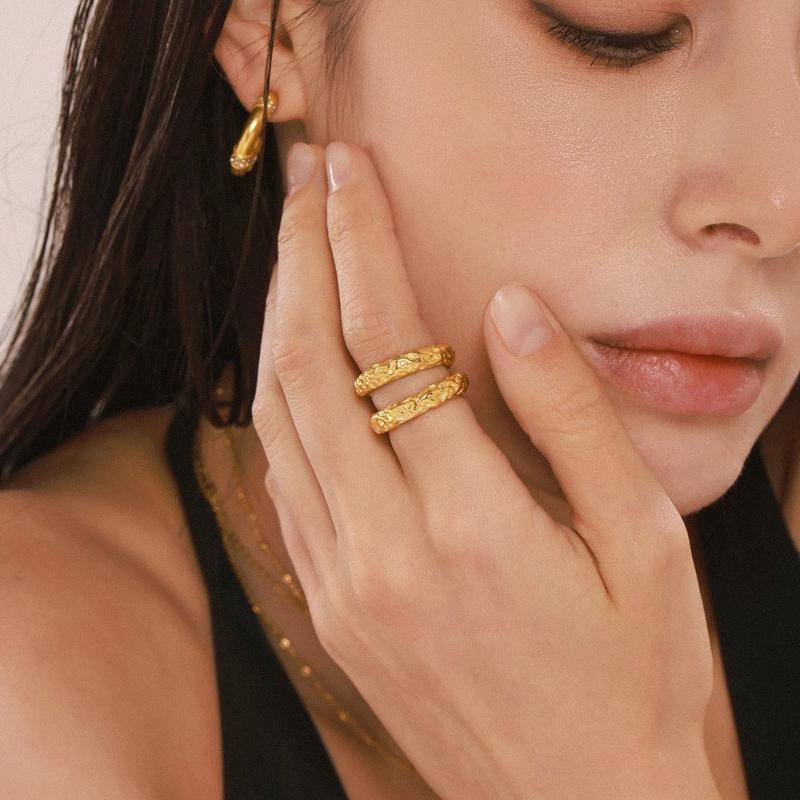 Trendy Stainless Steel Texture Rings for Women 18K Gold Plated Waterproof Unique Finger Ring Charm Luxury Jewelry