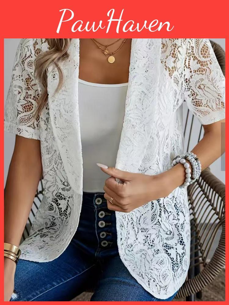 Elbow Fashionable Summer Womens Beautiful Sleeve Lace Hollow Solid Color Cardigan Short Sleeve Womens Clothing
