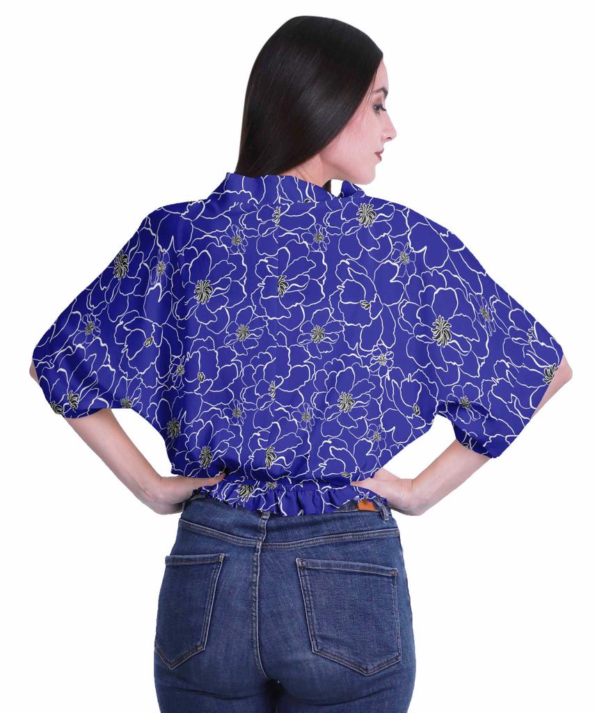 Moomaya Printed Boxy Sleeve Tops For Women V-Neck Elastic WaistA  Kimono Top