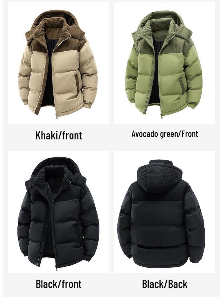 Men's Winter Color Block Hooded Jacket – Windproof Cotton Padded Coat with Plus Velvet Lining