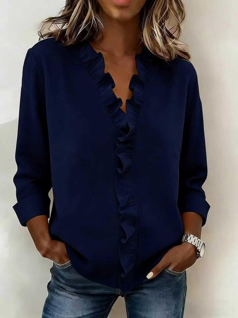 European Spring 2026 Women's Ruffle Trim Long-Sleeve Cotton Shirt
