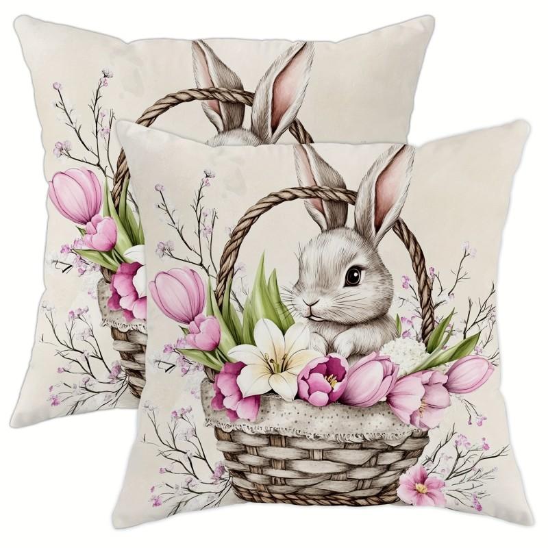 

Easter Basket Rabbit Pillowcase Watercolor Pastoral Print Festive Atmosphere Feeling Living Room, Sofa Pillowcase