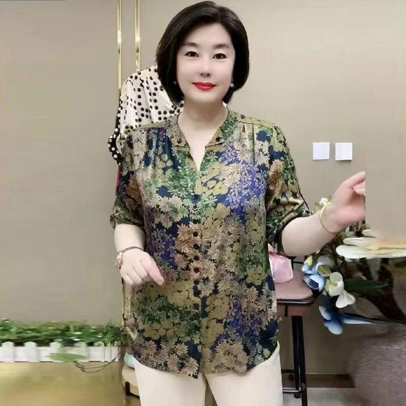 Women's Silk Blouse Summer Loose Floral Plus-Size Shirt V-Neck Printed Silk Shirt