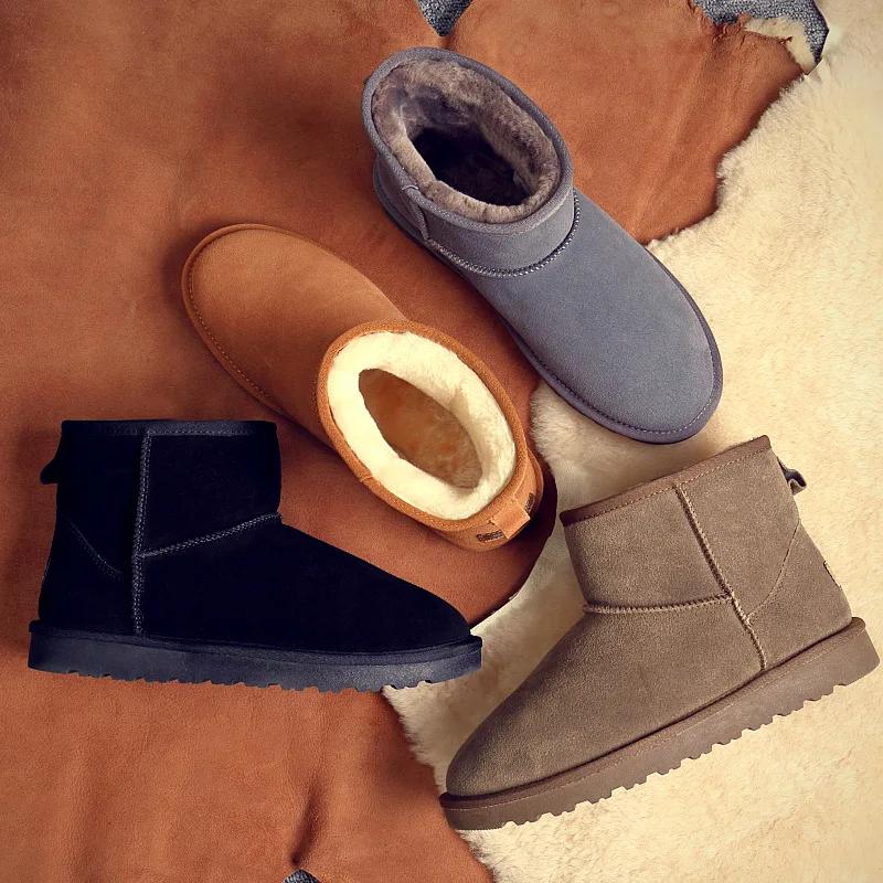 Fashion Men's Boots Cowhide Insulated Plush Snow Boots Genuine Leather Women's Shoes  Winter Women's Boots  Ankle Boots