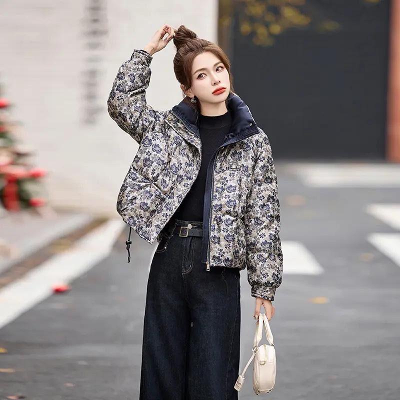 Winter Cotton Jacket Short Padded Coat Stand Collar Loose Streetwear Printed Fashion Outwear