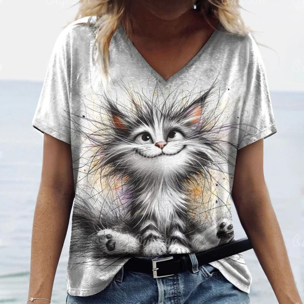 T-Shirts Women's Fashion T-Shirt Cat Print Casual Comfort Short Sleeve Crew Neck Pullover Clothing