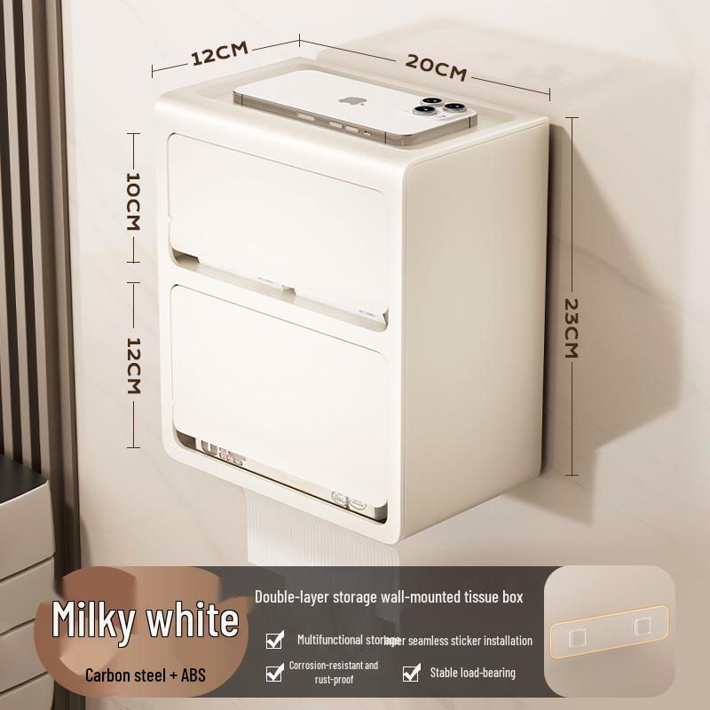 Vintage Wood Grain Wall-Mounted Tissue Box & Storage Rack - Double-Layer, Punch-Free Toilet Paper Holder