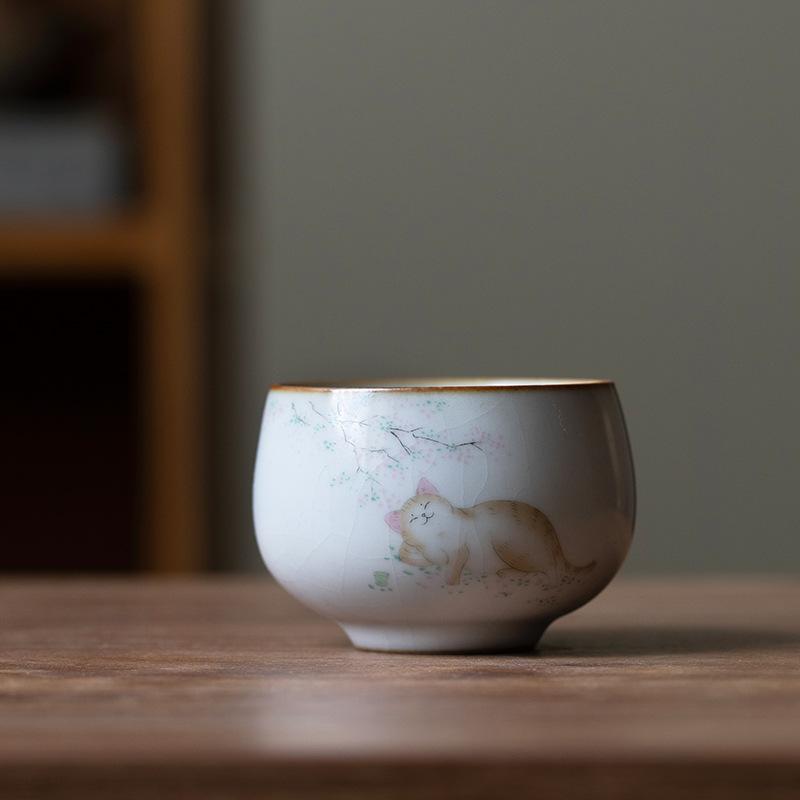 1 Pc Chinese Tradition Ru Kiln Ceramic Tea Cup Handmade Cute Cat Teacup Household Personal Tea Bowl Travel Master Cup Tea Set