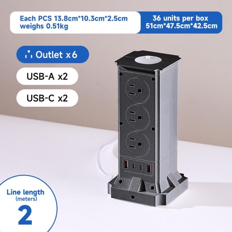 Electrical Outlet Tower With 6 Receptacles Narrow Profile For Home Workplace Area Efficient Plastic Build Secure And Extended