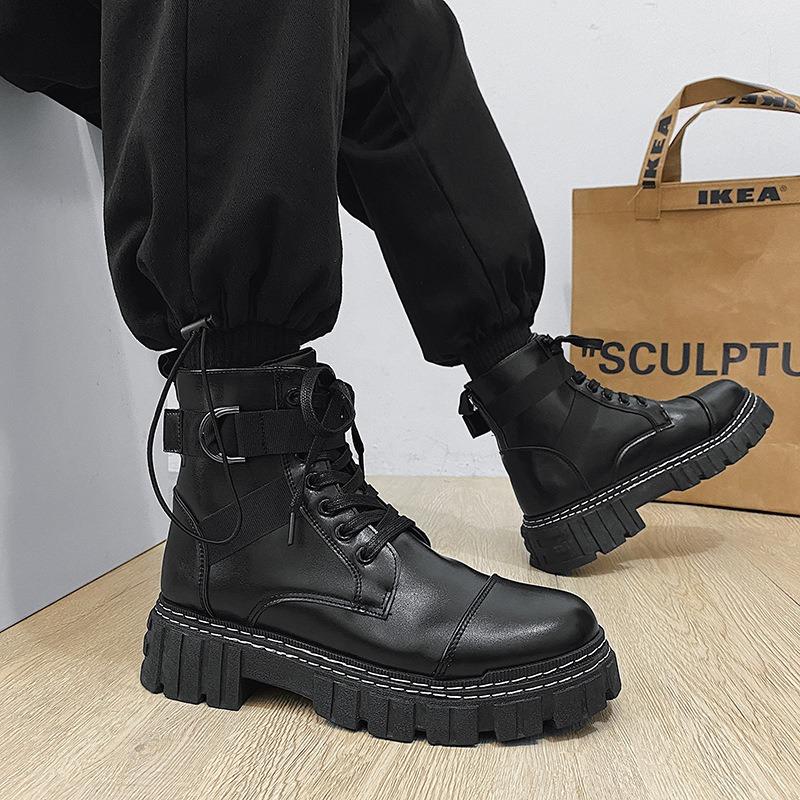 Fashion Black Leather High-top British Style Work Boots Men's Thick Bottom Non-slip Casual Sneakers Platform Boots Masculino Zapatos