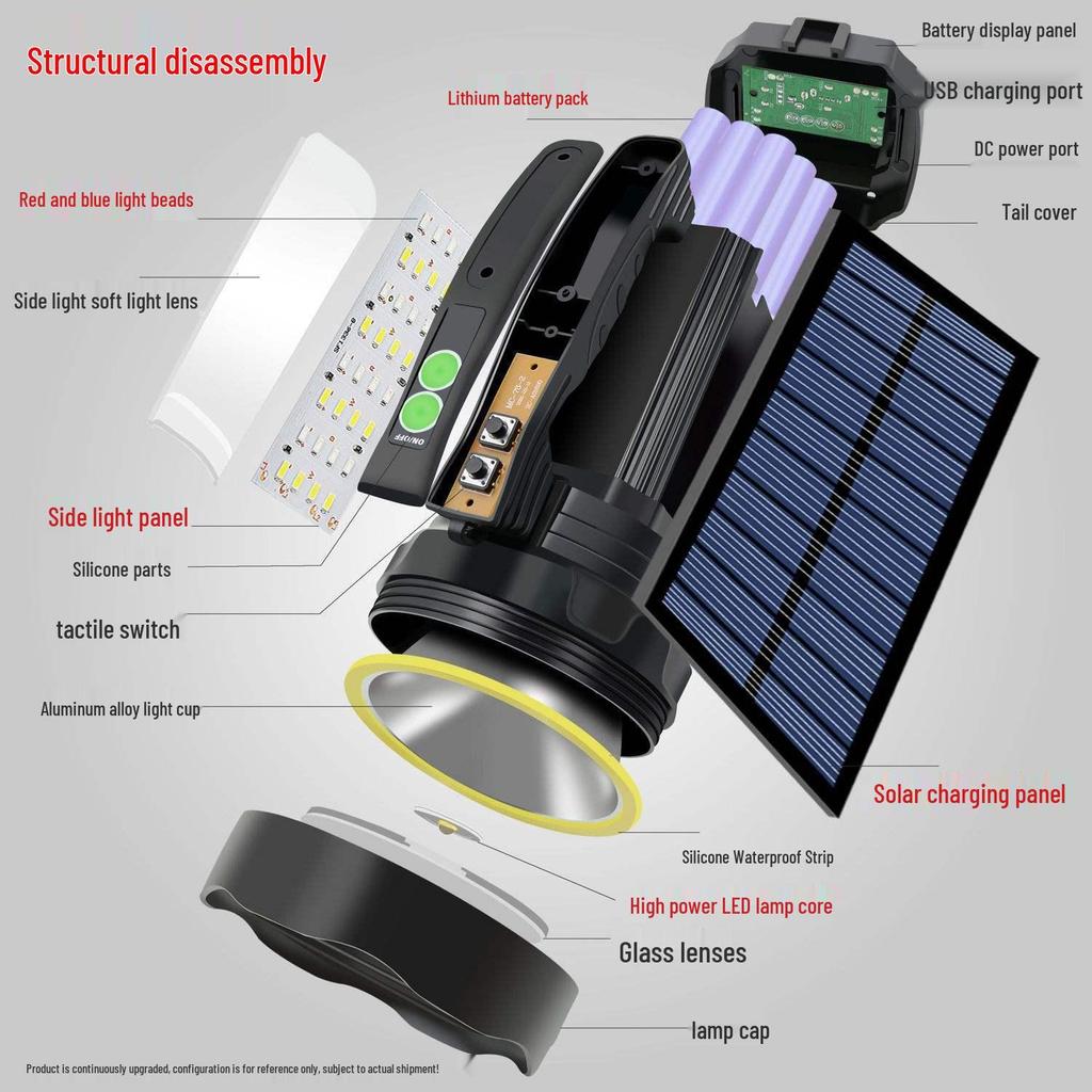 Rechargeable Solar LED Flashlight: High Power, Long Range, Waterproof, with Side Light & Remote Control.