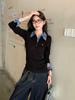 Harajuku Autumn Fake Two Pieces Shirt Women Polo Collar Elegant Long Sleeved Slim Tops Korea Chic Plaid Casual T-shirt Winter