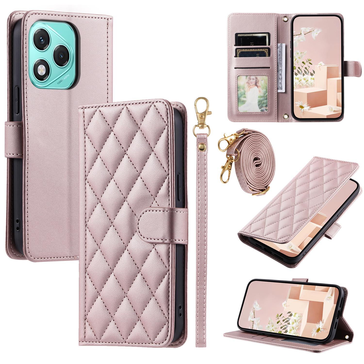 

Phone Case For Honor 400 Lite 5G/X70i/X60i 5G Wallet Rhombus Grid PU Leather Cover with Shoulder Strap/Wrist Strap Rose Gold