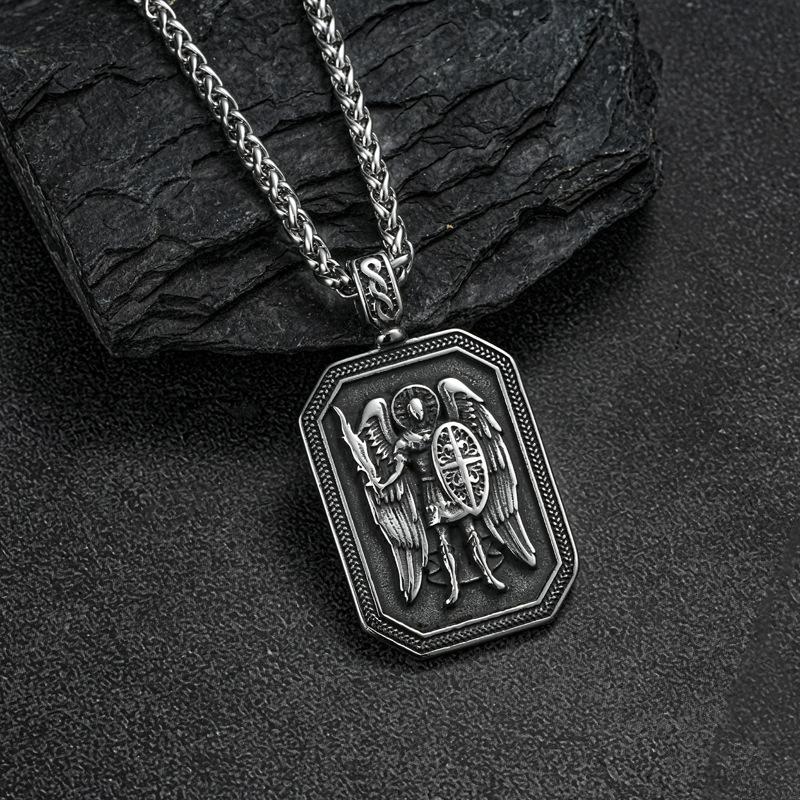 Archangel Michael Cross Shield Prayer Tag Titanium Stainless Steel Pendant Men s Amulet Necklace Jewelry Accessory