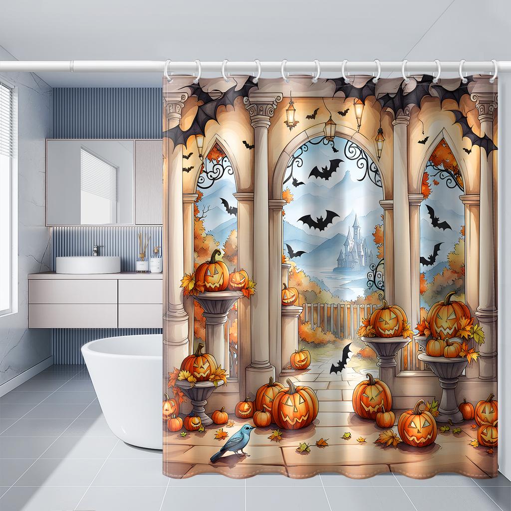 1pc Simulated Window Pumpkin Tree Halloween Bat Shower Curtain with Plastic Hooks, Decorated In Autumn and Winter Style