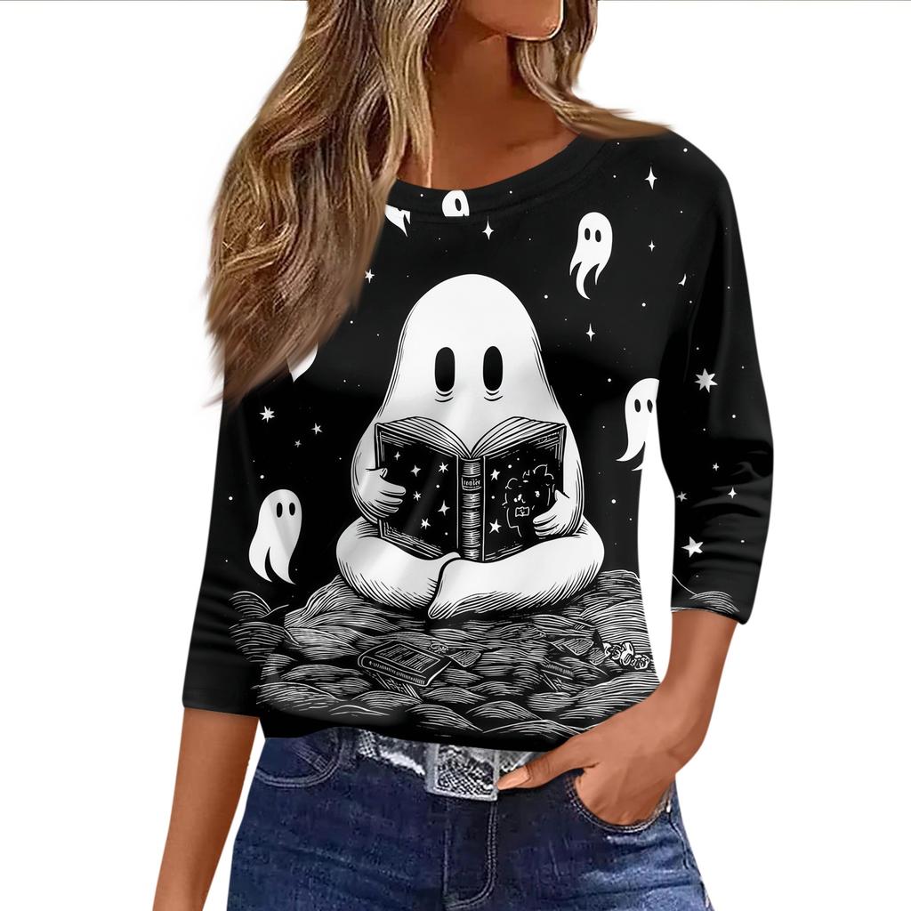 Women's 3/4 Sleeve Loose Fit Casual Shirt Round Neck Pullover Top Halloween Print Graphic T-Shirt for Everyday Wear