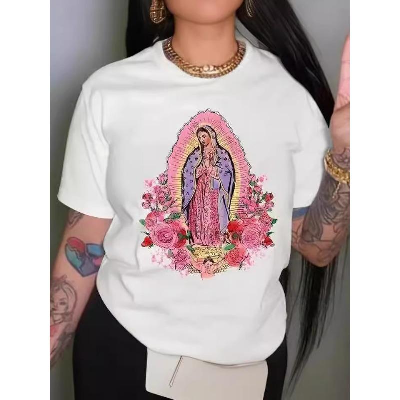 Letní top s kulatým výstřihem a potiskem Módní Ležérní Roztomilá dámská trička z čisté bavlny s krátkým rukávem