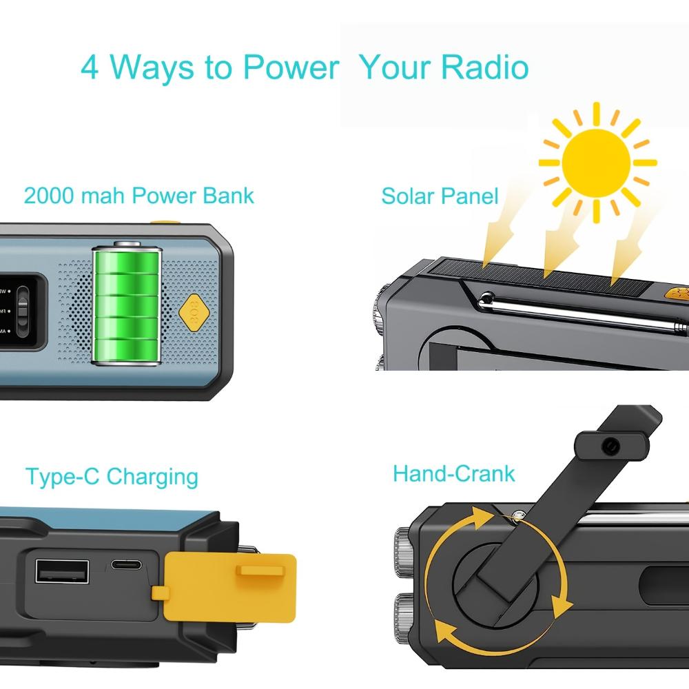 Hand Radio Portable AM/FM Radio, Weather Broadcast Emergency Hand Light Strip, Type-C Mobile Phone Charger and SOS Alarm Function