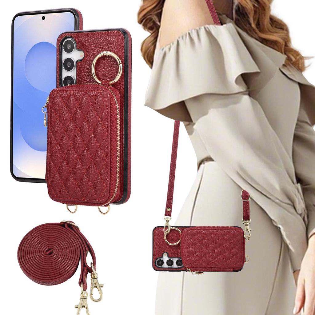 Crossbody Zipper Cards Solt Ring Holder Wallet Leather Case For Samsung S25 Ultra S24 Plus S23 S22 A56 A16 A26 A36 A06 A55 Cover