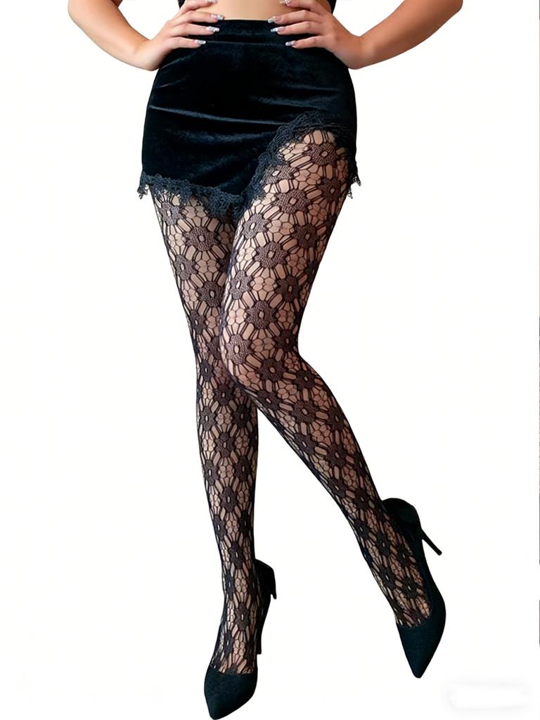 1-Pair Pack Women'S Black Summer New Arrival Sexy E-Girl Floral Cutout Fishnet Pantyhose Perfect For Party