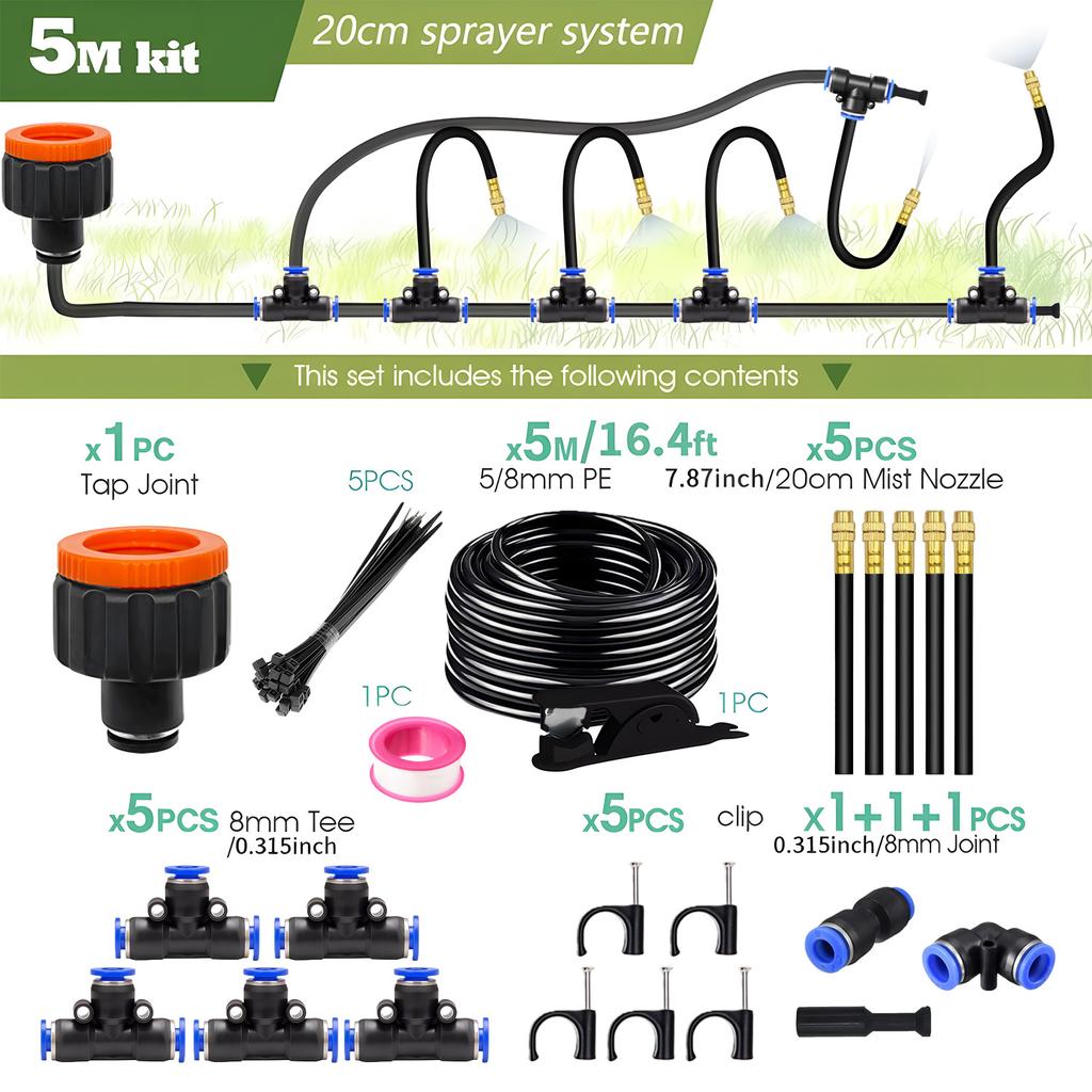 5-30M DIY Free Bending Universal Sprayer Kit 8mm Hose Patio Misting Cooling System for Garden Plant Fogging Watering Irrigation