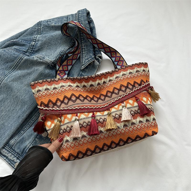 Canvas Tas 2026 Herfst Nieuw Westers Grote Capaciteit Etnische Stijl Handtas Modieuze en Minimalistische Temperament Handtas Dames Pendel Tote Bag
