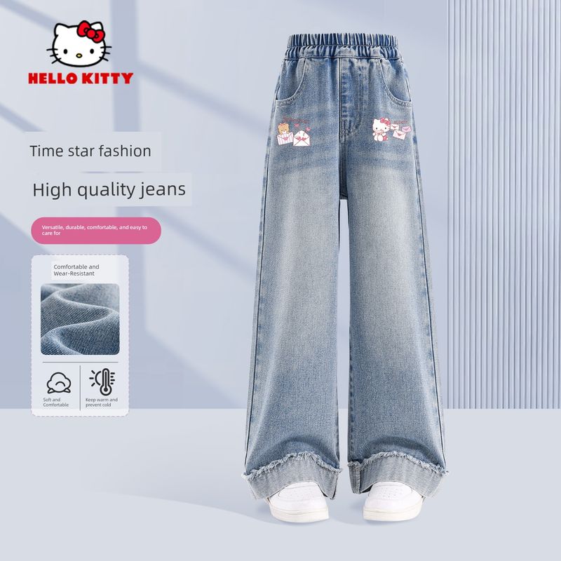 Hello Kitty Girls' Jeans Spring and Autumn 2026 New Children's Thin Pants Girls' Spring Long Pants