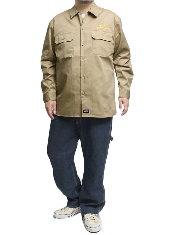 GENUINE DICKIES Men's Plus Size Logo Embroidered Twill Hickory Long Sleeve Work Shirt, Size 4L, Beige (18)