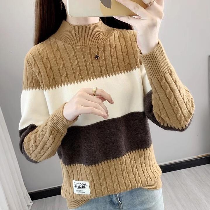 Women's Half Turtleneck Sweater Fall Winter Loose Knit Sweater Top Pullover Knit Jumper Color-blocked Plaid Knitwear