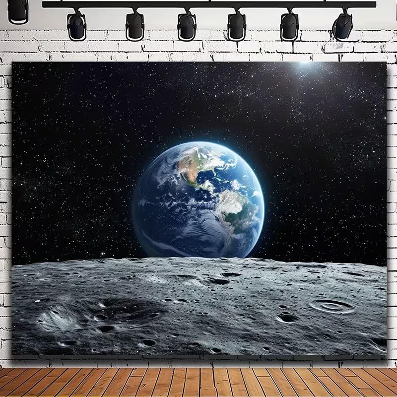 2D Earth and Moon Space Backdrop, Starry Sky Outer Space Background