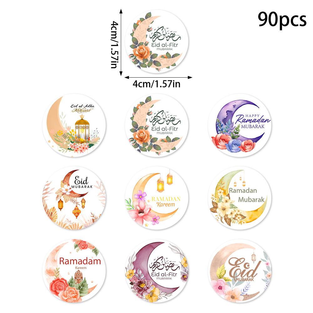 90pcs Ramadan Floral Moon Paper Sticker Eid Mubarak Gift Lable Seal Sticker Islamic Eid Al-fitr Party Celebration Party Supp