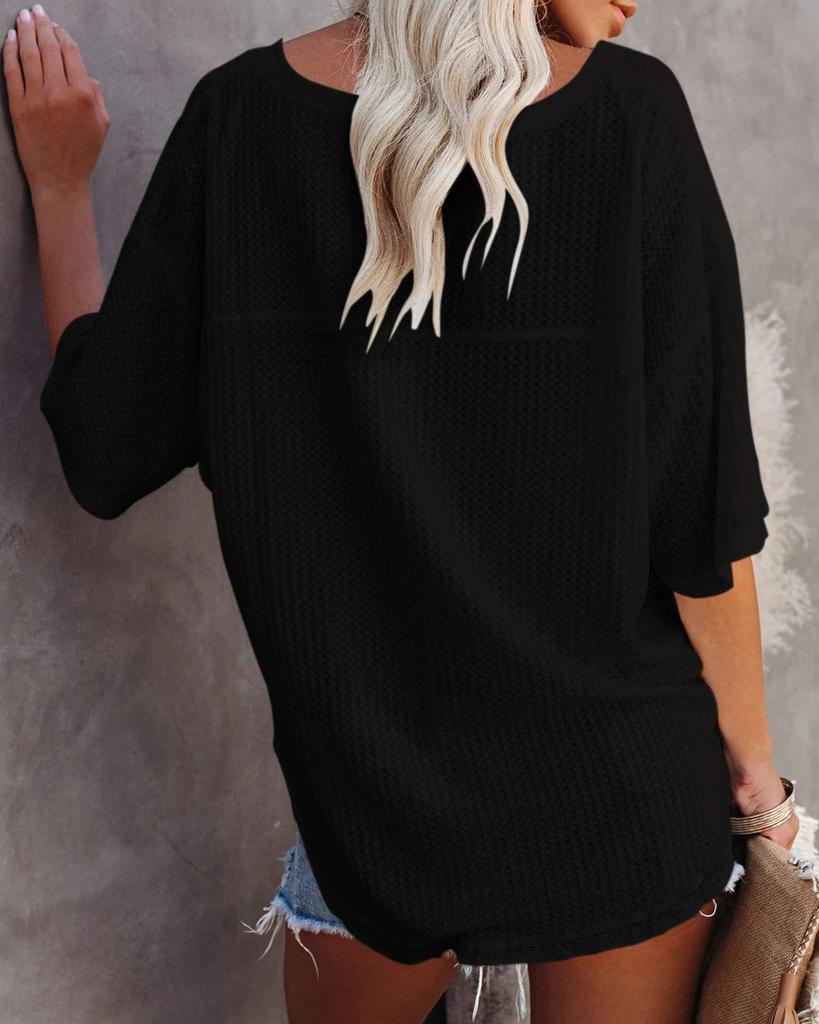 2024 Damen Sommer V-Ausschnitt Fledermausärmel Waffelstrick Kurzarm Locker T-Shirt Top