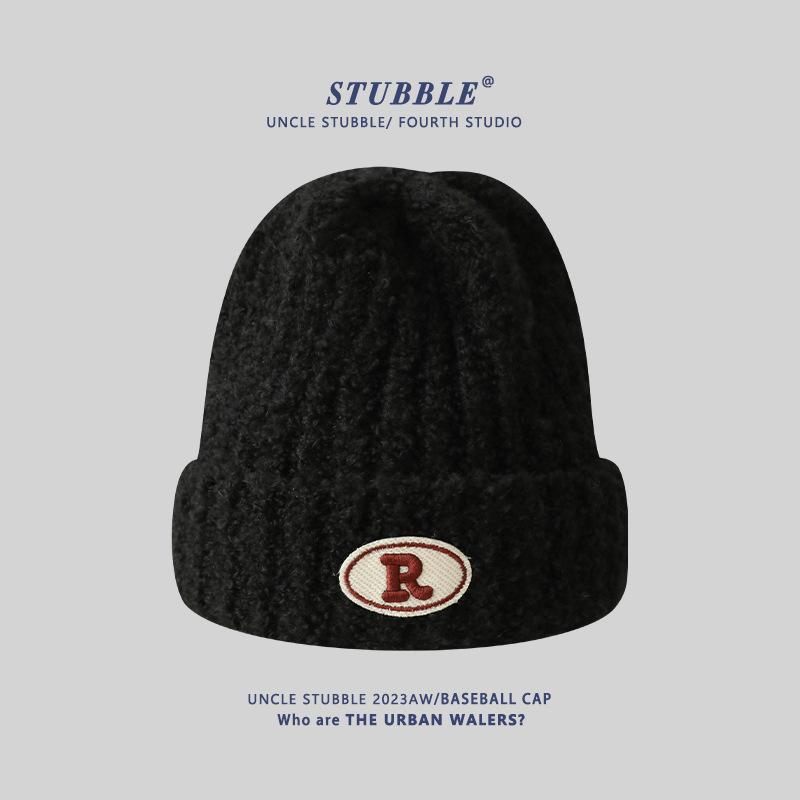 Warm Knitted Hats for Men and Women R Marked Face-showing Small Woolen Hats  Pile Hats for Couples  Outdoor Pullover Cold Hats