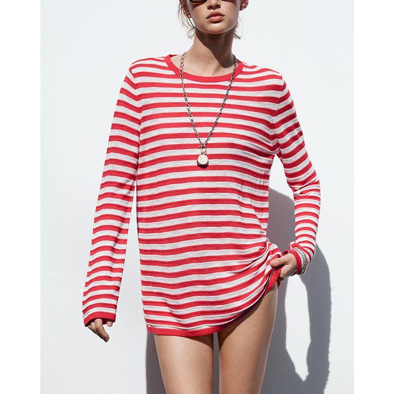 Summer New Women clothes Preppy Loose Pullover Thin Stripe Long sleeve round Neck Knit 9325010