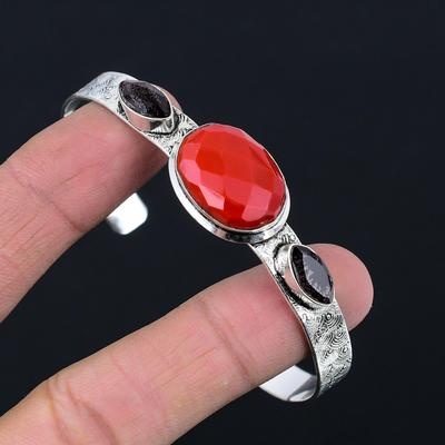 Gift For Her 925 Sterling Silver Natural Red Coral Gemstone Bangle Adjustable