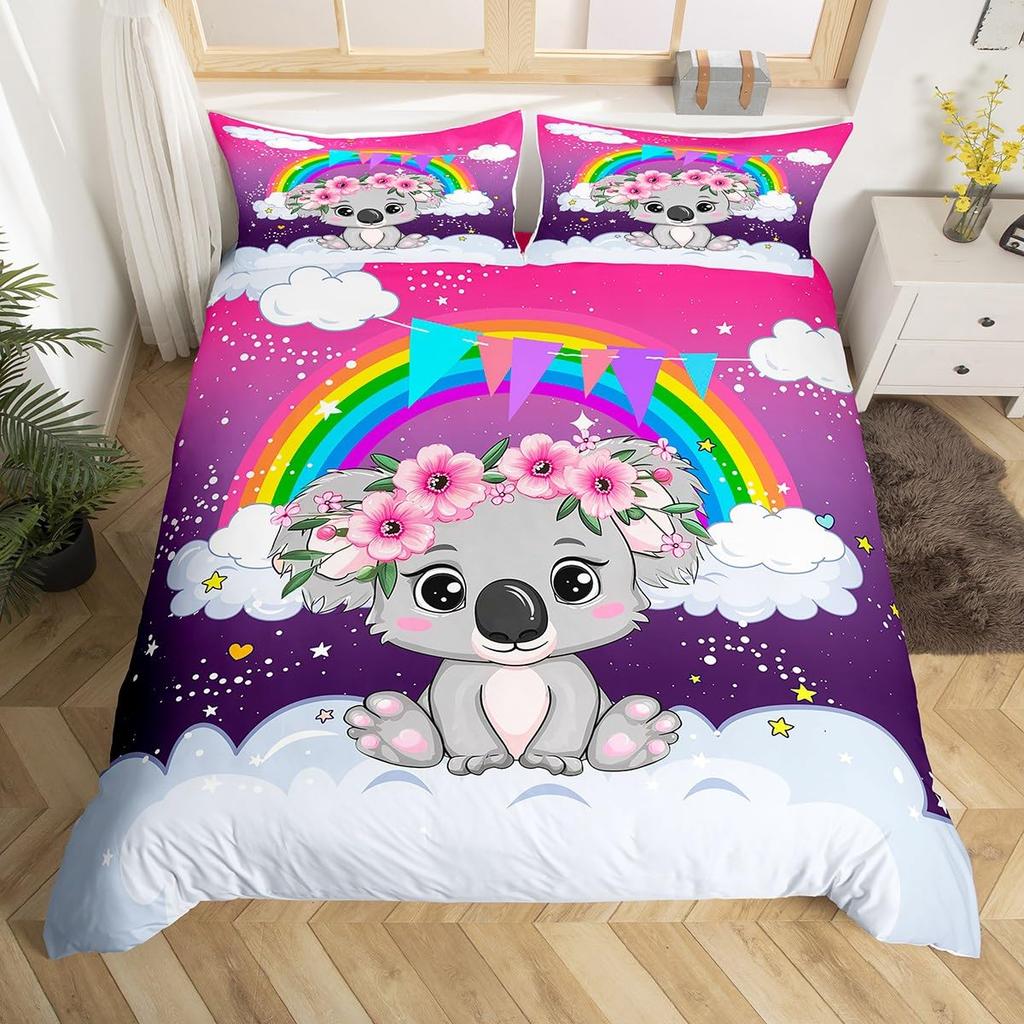 Kids Koala Duvet Cover Set, Blooming Floral Branch With A Bear Comforter Cover, Palm Tree Leaf Wildlife Cartoon Bedding Set,Twin